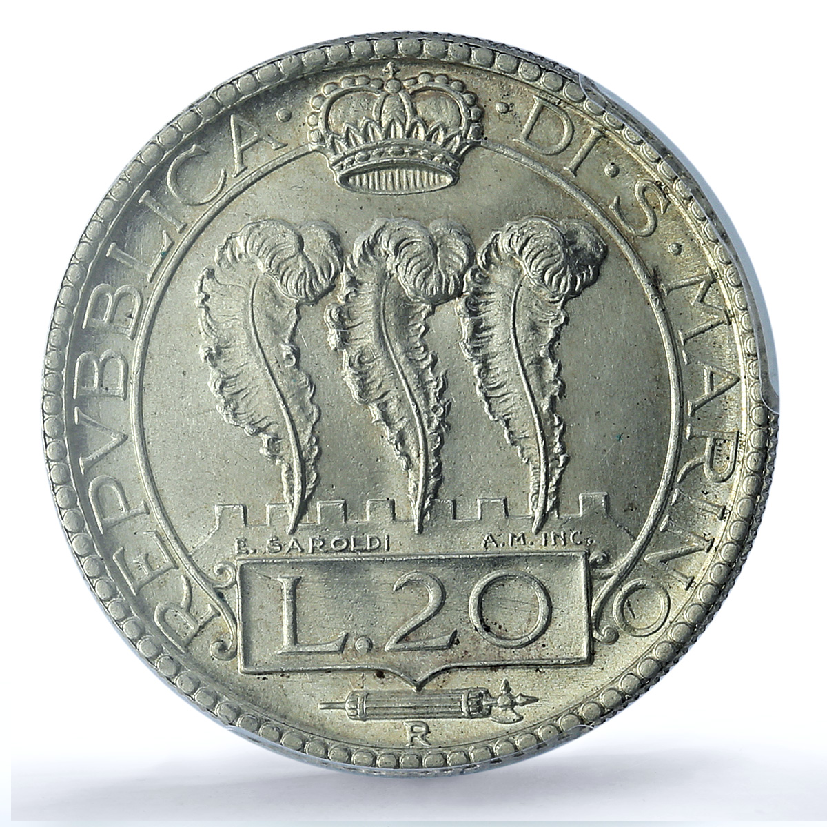 San Marino 20 lire Republic Coinage KM-11 MS64 PCGS silver coin 1936