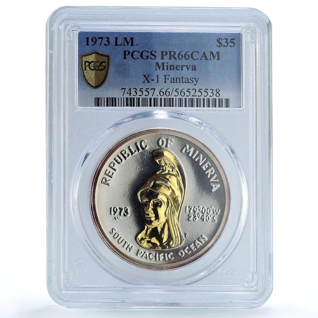 Minerva 35 dollars Fantasy Gilt X#1 Helmeted Woman PR 66 PCGS silver coin 1973 Minerva 35 dollars Fantasy Gilt X#1 Helmeted Woman PR 66 PCGS silver coin 1973