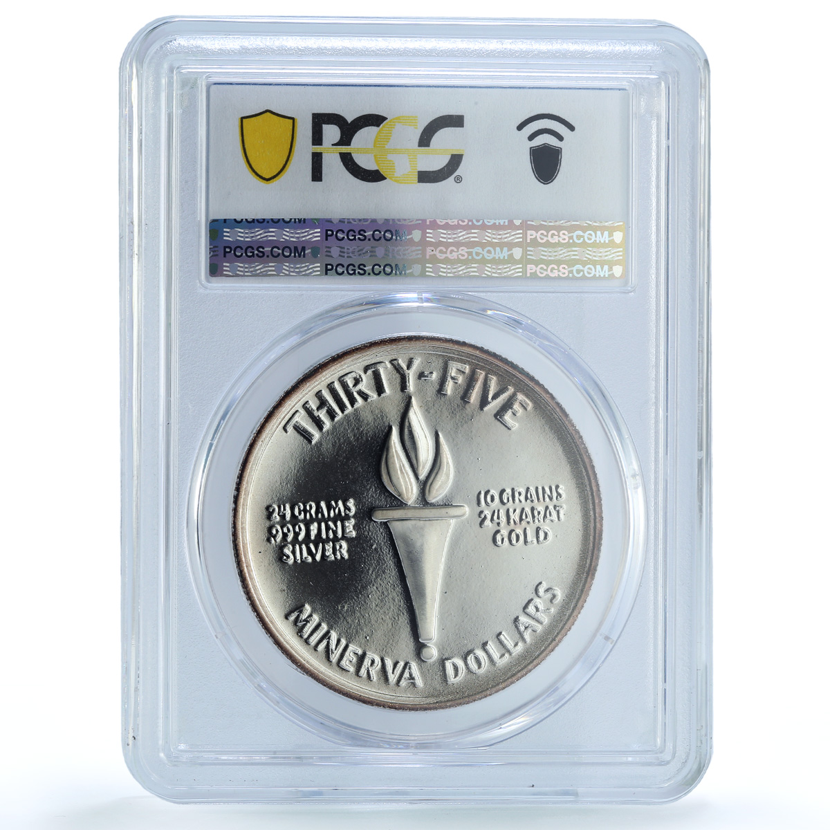 Minerva 35 dollars Fantasy Gilt X#1 Helmeted Woman PR 66 PCGS silver coin 1973 Minerva 35 dollars Fantasy Gilt X#1 Helmeted Woman PR 66 PCGS silver coin 1973