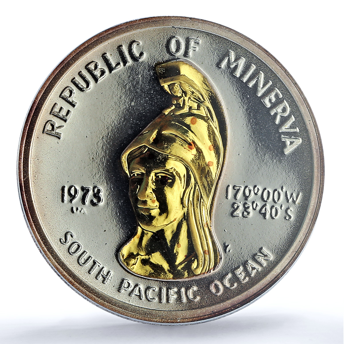 Minerva 35 dollars Fantasy Gilt X#1 Helmeted Woman PR 66 PCGS silver coin 1973 Minerva 35 dollars Fantasy Gilt X#1 Helmeted Woman PR 66 PCGS silver coin 1973
