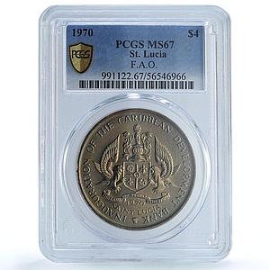 St. Lucia 4 dollars Caribbean Bank KM-11 FAO Food Day MS 67 PCGS CuNi coin 1970