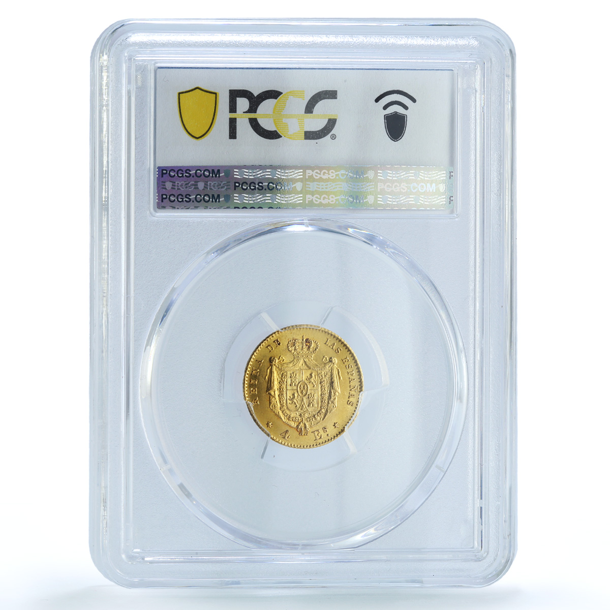 Spain 4 escudos Isabella II Madrid KM-631.1 Cal-108 MS 63 PCGS gold coin 1865