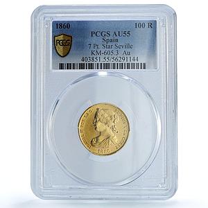 Spain 100 reales Isabella II Seville KM-605.3 Cal-39 AU 55 PCGS gold coin 1860