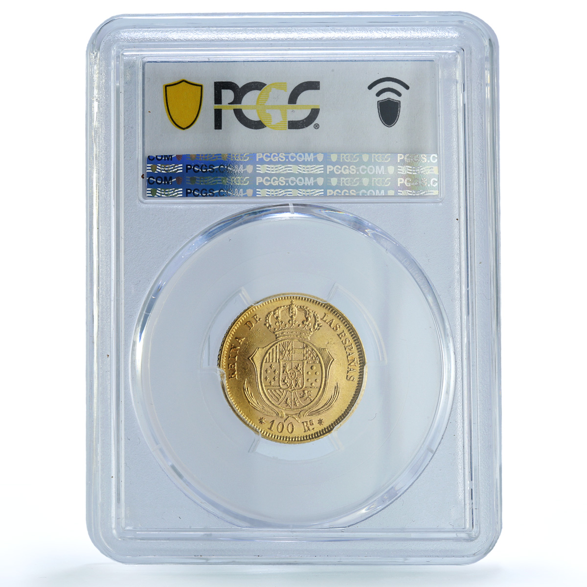 Spain 100 reales Isabella II Seville KM-605.3 Cal-39 AU 55 PCGS gold coin 1860 Spain 100 reales Isabella II Seville KM-605.3 Cal-39 AU 55 PCGS gold coin 1860