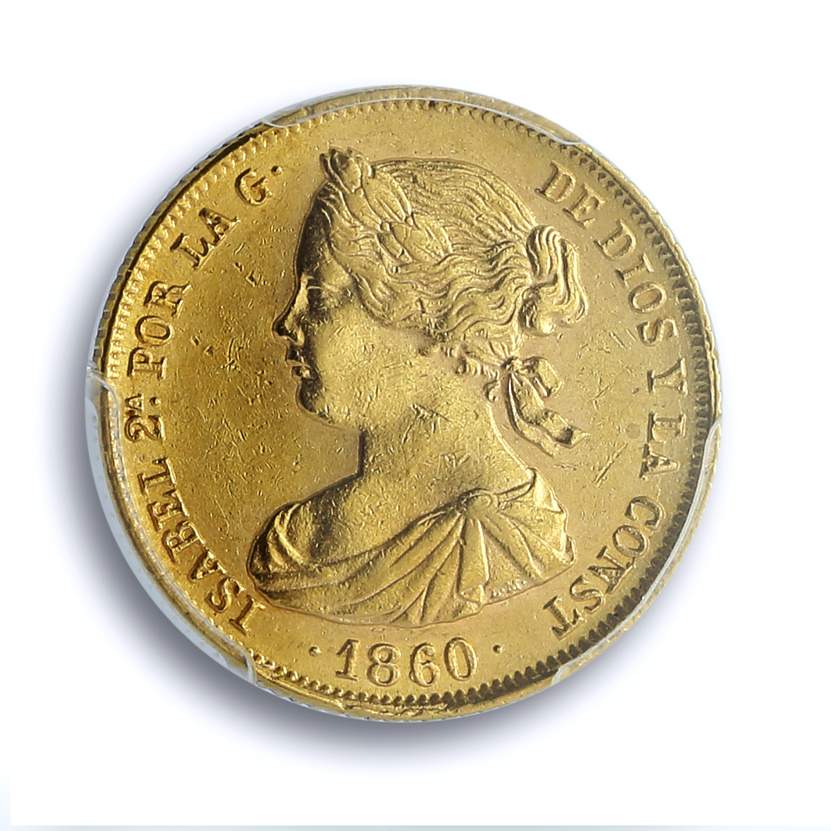 Spain 100 reales Isabella II Seville KM-605.3 Cal-39 AU 55 PCGS gold coin 1860 Spain 100 reales Isabella II Seville KM-605.3 Cal-39 AU 55 PCGS gold coin 1860