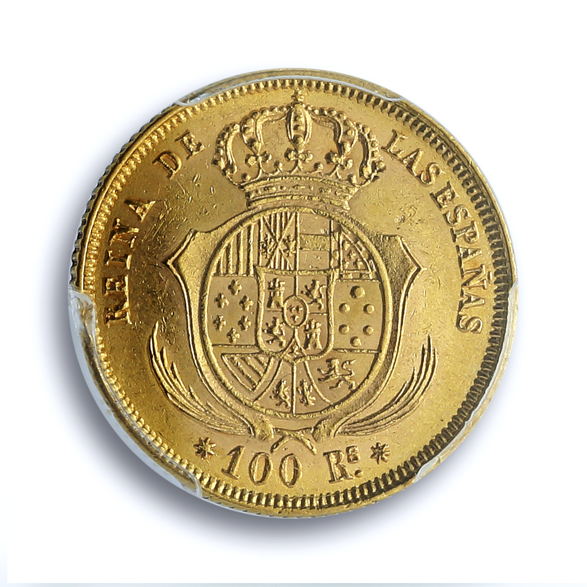Spain 100 reales Isabella II Seville KM-605.3 Cal-39 AU 55 PCGS gold coin 1860 Spain 100 reales Isabella II Seville KM-605.3 Cal-39 AU 55 PCGS gold coin 1860