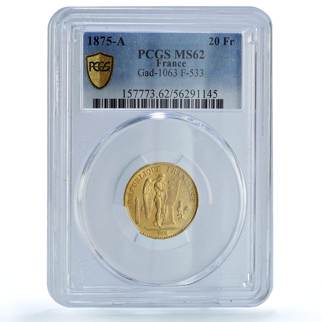 France 20 francs Third Republic KM-825 Gad-1063 F-533 MS 62 PCGS gold coin 1875