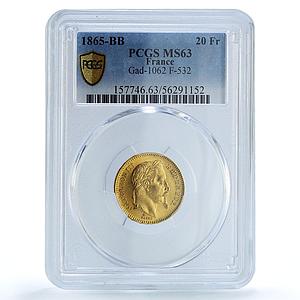 France 20 francs Napoleon III KM-801 Gad-1062 F-532 MS63 PCGS gold coin 1865 BB