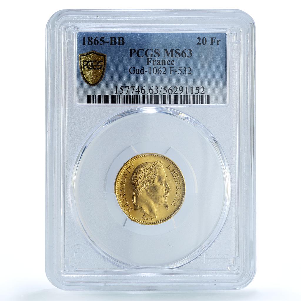 France 20 francs Napoleon III KM-801 Gad-1062 F-532 MS63 PCGS gold coin 1865 BB France 20 francs Napoleon III KM-801 Gad-1062 F-532 MS63 PCGS gold coin 1865 BB