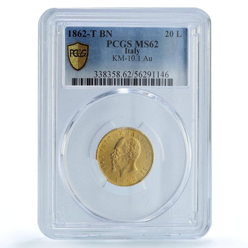 Italy 20 lire Victor Emmanuel II KM-10.1 Gigante-9 MS 62 PCGS gold coin 1862 Italy 20 lire Victor Emmanuel II KM-10.1 Gigante-9 MS 62 PCGS gold coin 1862