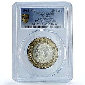 Mexico 20 pesos Republic Longer Stems KM-561 Hidalgo MS65 PCGS bimetal coin 1993