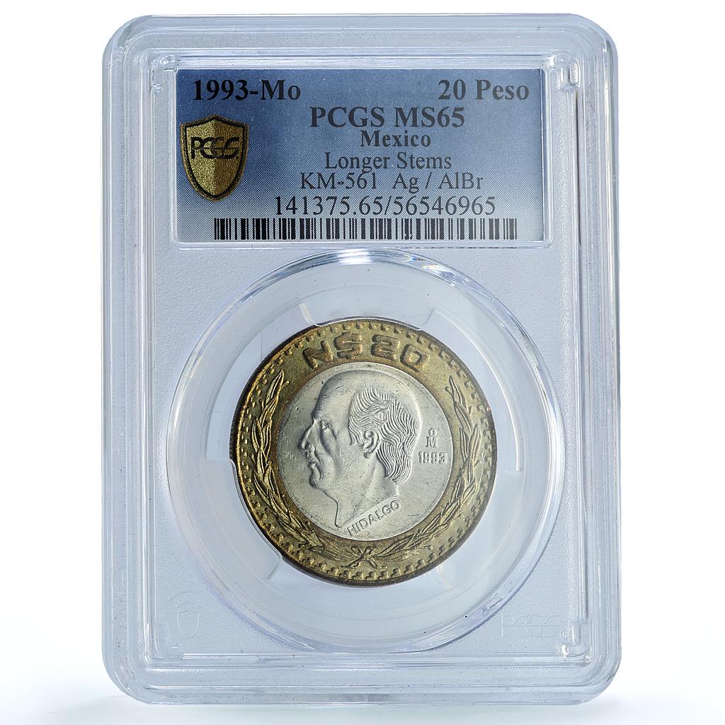 Mexico 20 pesos Republic Longer Stems KM-561 Hidalgo MS65 PCGS bimetal coin 1993 Mexico 20 pesos Republic Longer Stems KM-561 Hidalgo MS65 PCGS bimetal coin 1993