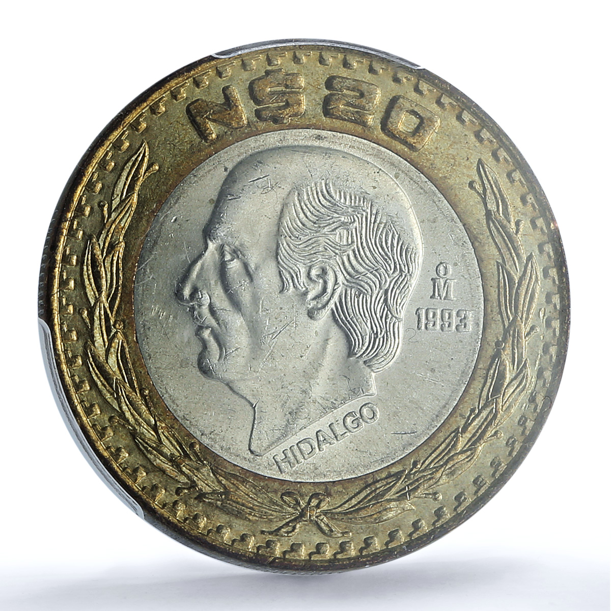 Mexico 20 pesos Republic Longer Stems KM-561 Hidalgo MS65 PCGS bimetal coin 1993 Mexico 20 pesos Republic Longer Stems KM-561 Hidalgo MS65 PCGS bimetal coin 1993