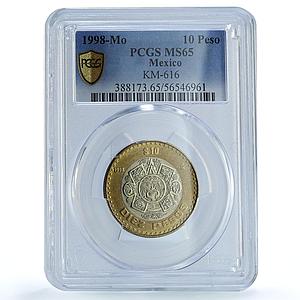 Mexico 10 pesos Republic KM-616 Aztec Sun MS 65 PCGS bimetal coin 1998