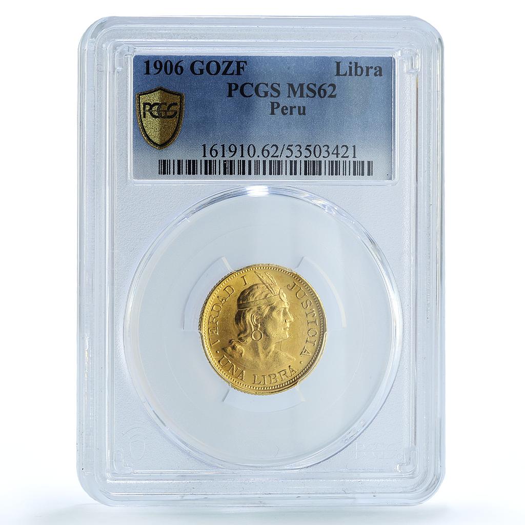 Peru 1 libra Republic Trade Coinage KM-207 MS 62 PCGS gold coin 1906 G O Z F
