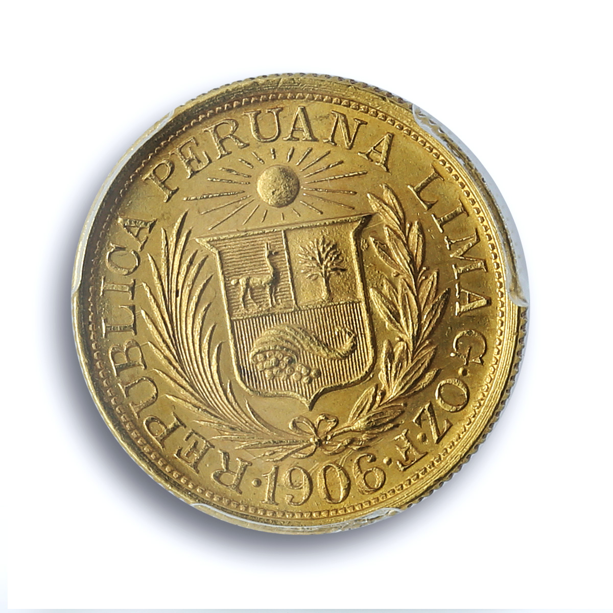 Peru 1 libra Republic Trade Coinage KM-207 MS 62 PCGS gold coin 1906 G O Z F