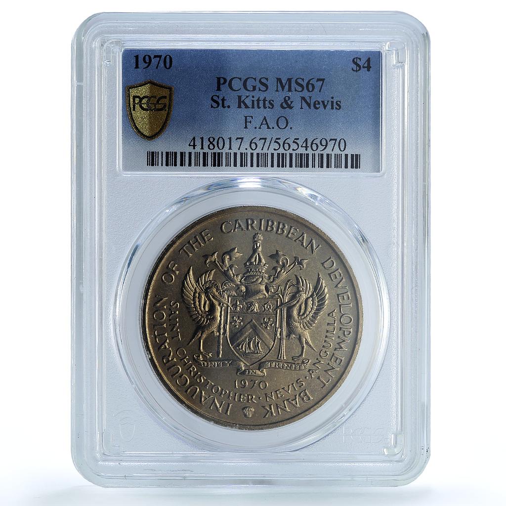 St. Kitts 4 dollars Caribbean Bank KM-1 FAO Food Day MS 67 PCGS CuNi coin 1970 St. Kitts 4 dollars Caribbean Bank KM-1 FAO Food Day MS 67 PCGS CuNi coin 1970