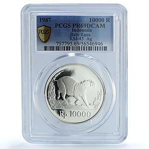 Indonesia 10000 rupiah Babi Rusa KM-45 Wildlife Pig PR 69 PCGS silver coin 1987
