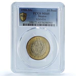 Mexico 10 pesos Republic KM-616 Aztec Sun MS 65 PCGS bimetal coin 1998