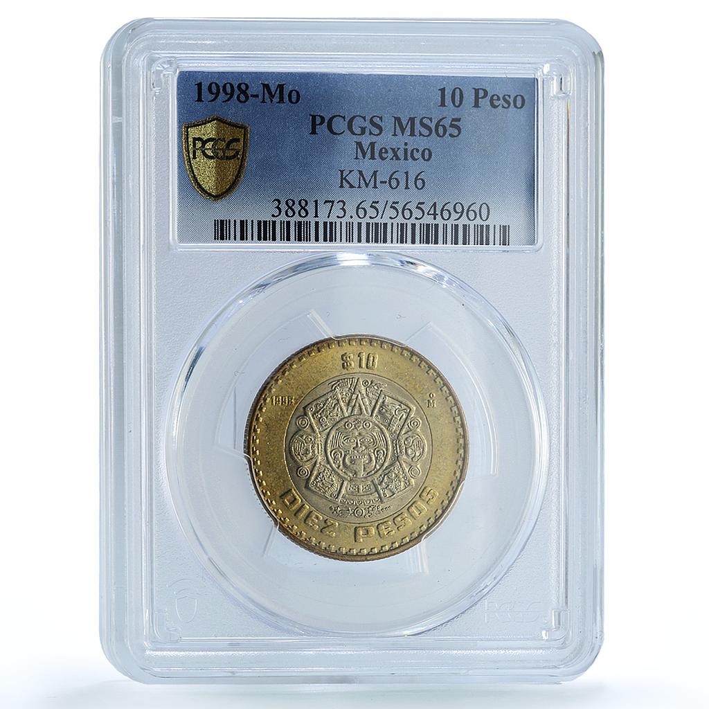 Mexico 10 pesos Republic KM-616 Aztec Sun MS 65 PCGS bimetal coin 1998 Mexico 10 pesos Republic KM-616 Aztec Sun MS 65 PCGS bimetal coin 1998