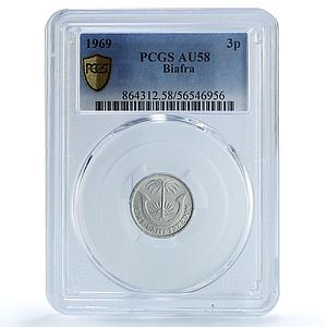 Biafra Nigeria 3 pence Republic KM-1 AU 58 PCGS aluminum coin 1969