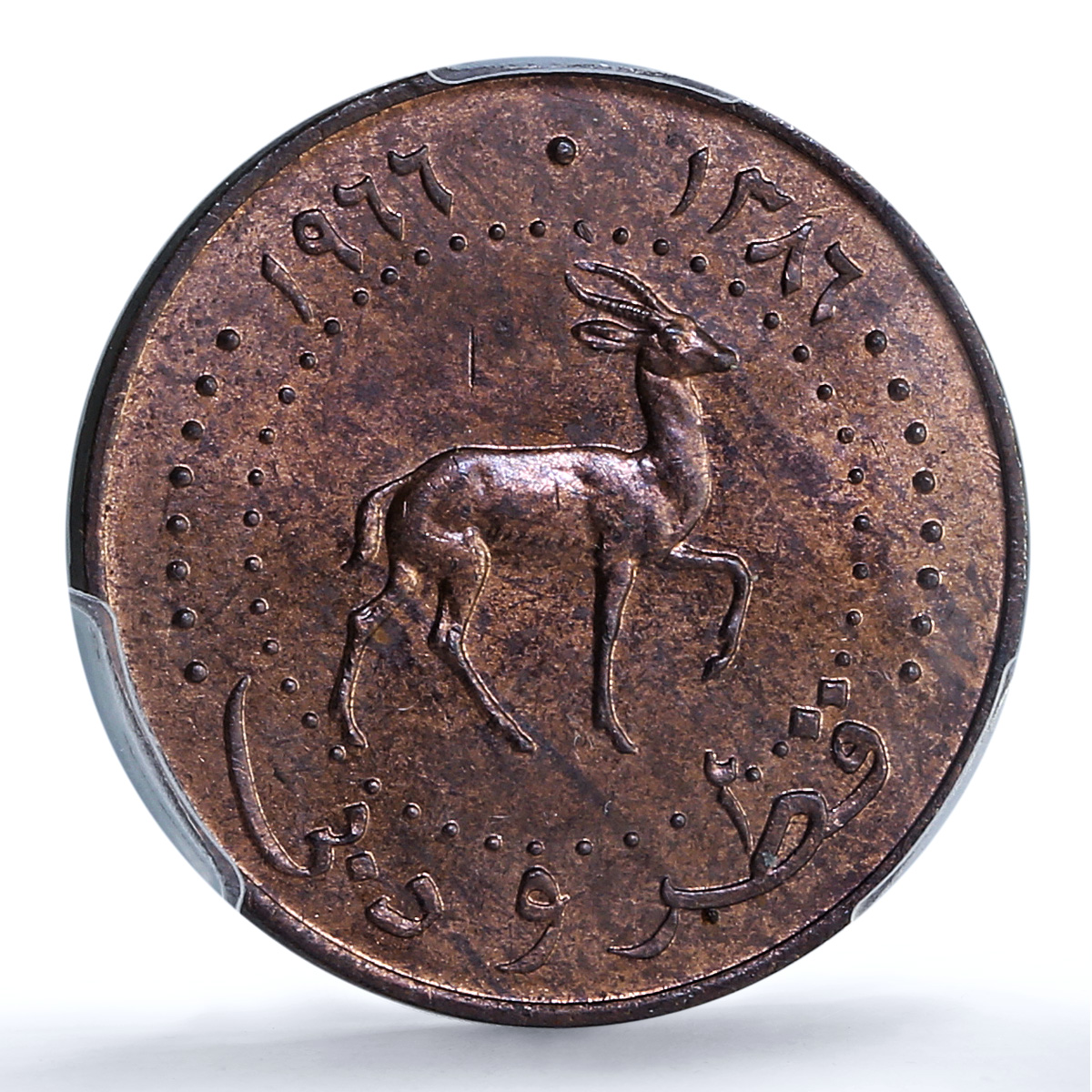 Qatar and Dubai 10 dirhams Ahmad KM-3 Gazelle MS 64 PCGS bronze coin 1966 Qatar and Dubai 10 dirhams Ahmad KM-3 Gazelle MS 64 PCGS bronze coin 1966
