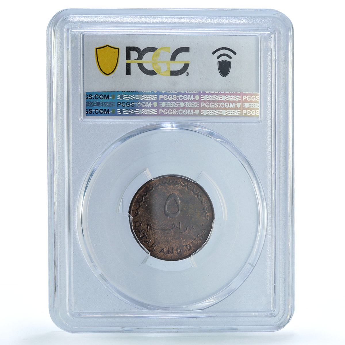 Qatar and Dubai 5 dirhams Ahmad KM-2 Gazelle MS 63 PCGS bronze coin 1966 Qatar and Dubai 5 dirhams Ahmad KM-2 Gazelle MS 63 PCGS bronze coin 1966