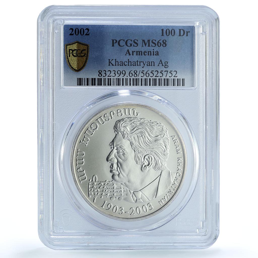 Armenia 100 dram Khachatryan KM-98 Music Composer MS 68 PCGS silver coin 2002