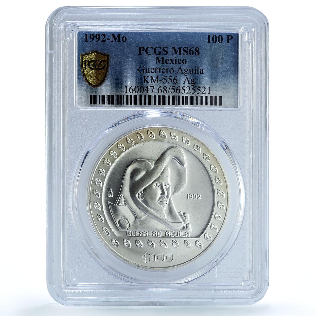 Mexico 100 pesos Guerrero Aguila KM-556 Precolombina MS 68 PCGS silver coin 1992 Mexico 100 pesos Guerrero Aguila KM-556 Precolombina MS 68 PCGS silver coin 1992