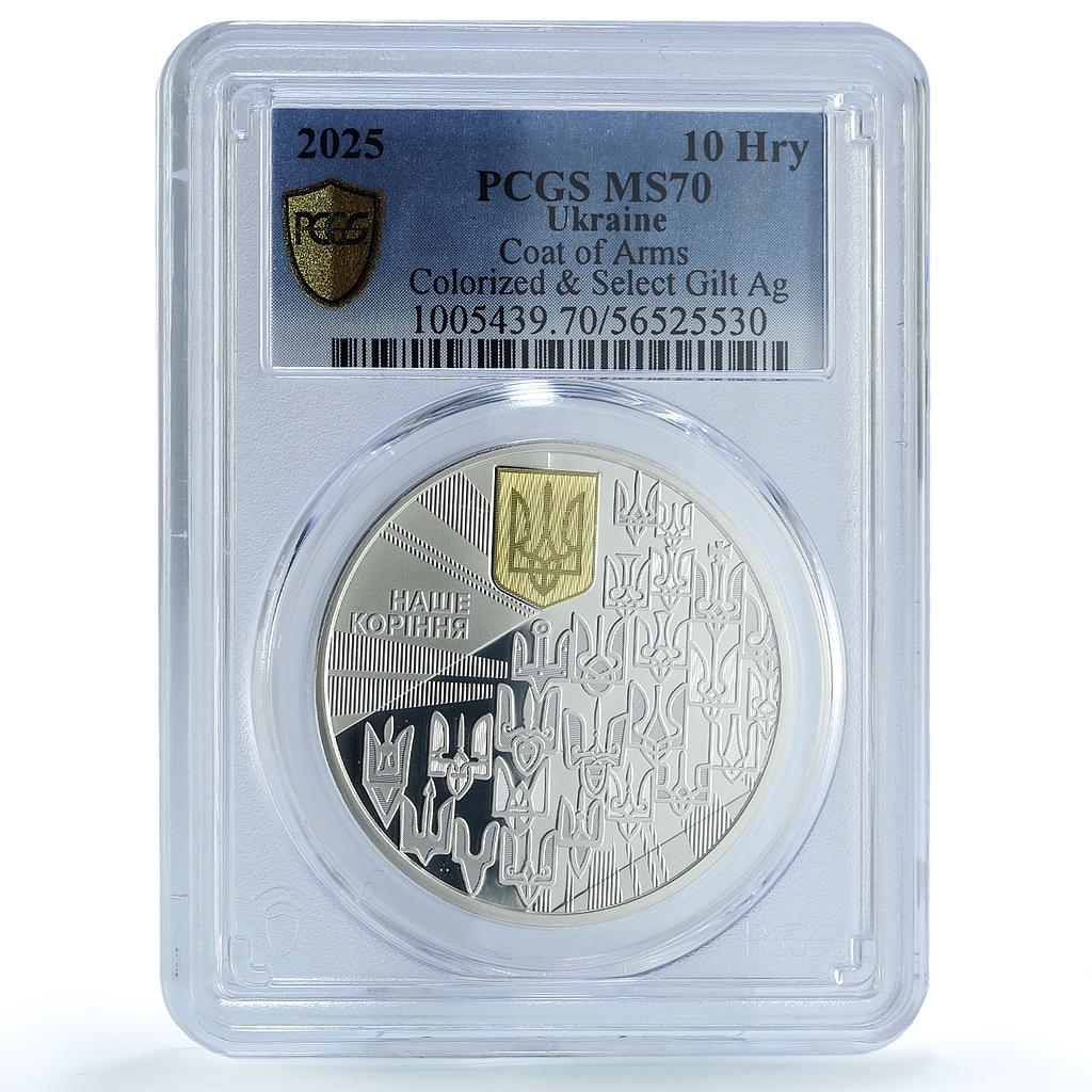 Ukraine 10 hryvnias Coat of Arms Gilt State Symbols MS 70 PCGS silver coin 2025
