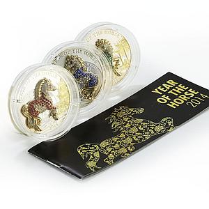 Rwanda set of 3 coins Year of the Horse gilded silver 2014