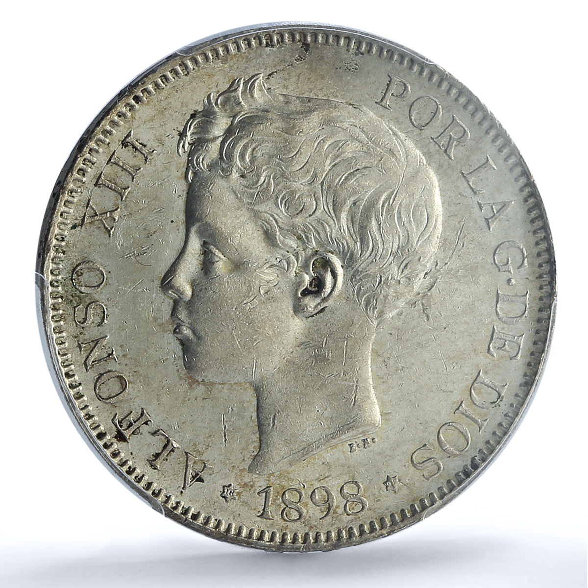 Spain 5 pesetas Alfonso XIII KM-707 Cal-27 Clean UNC PCGS silver coin 1898 SG V Spain 5 pesetas Alfonso XIII KM-707 Cal-27 Clean UNC PCGS silver coin 1898 SG V