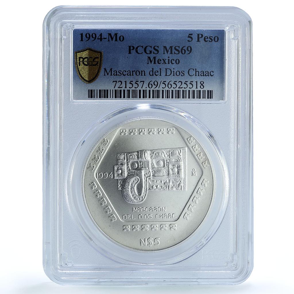 Mexico 5 pesos Mascaron Dios Chaac KM-577 Precolombina MS69 PCGS Ag coin 1994 Mexico 5 pesos Mascaron Dios Chaac KM-577 Precolombina MS69 PCGS Ag coin 1994