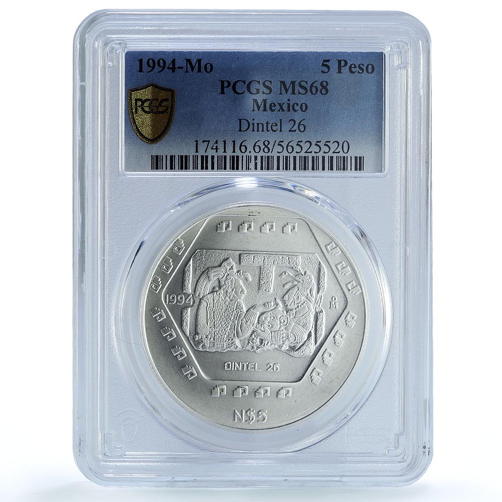 Mexico 5 pesos Dintel 26 KM-578 Precolombina Maya MS 68 PCGS silver coin 1994 Mexico 5 pesos Dintel 26 KM-578 Precolombina Maya MS 68 PCGS silver coin 1994