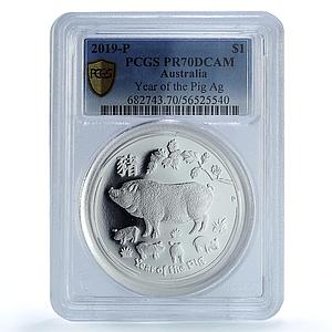 Australia 1 dollar Year Pig KM-3721 Lunar Series 2 PR 70 PCGS silver coin 2019