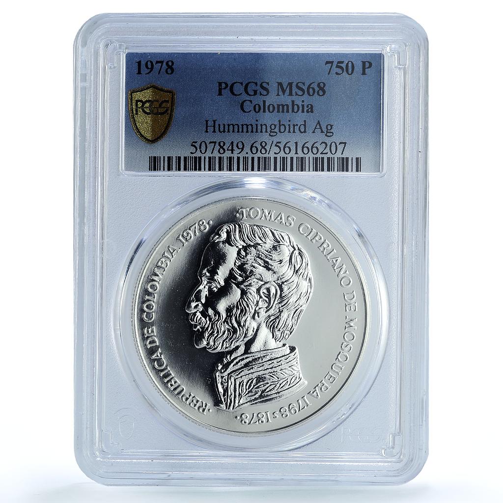 Colombia 750 pesos Hummingbird KM-265 Wildlife Fauna MS 68 PCGS silver coin 1978 Colombia 750 pesos Hummingbird KM-265 Wildlife Fauna MS 68 PCGS silver coin 1978