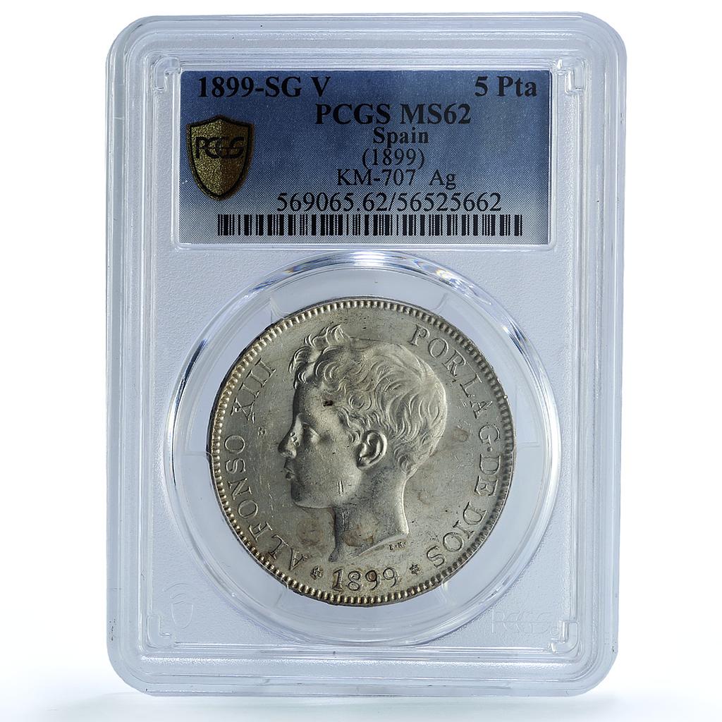Spain 5 pesetas Alfonso XIII KM-707 Cal-28 MS 62 PCGS silver coin 1899 SG V