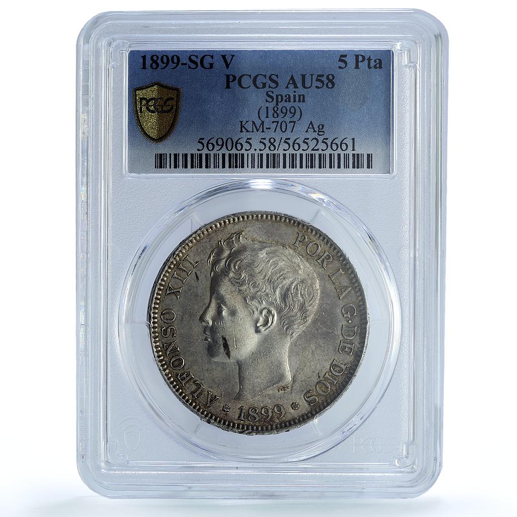 Spain 5 pesetas Alfonso XIII KM-707 Cal-28 AU 58 PCGS silver coin 1899 SG V