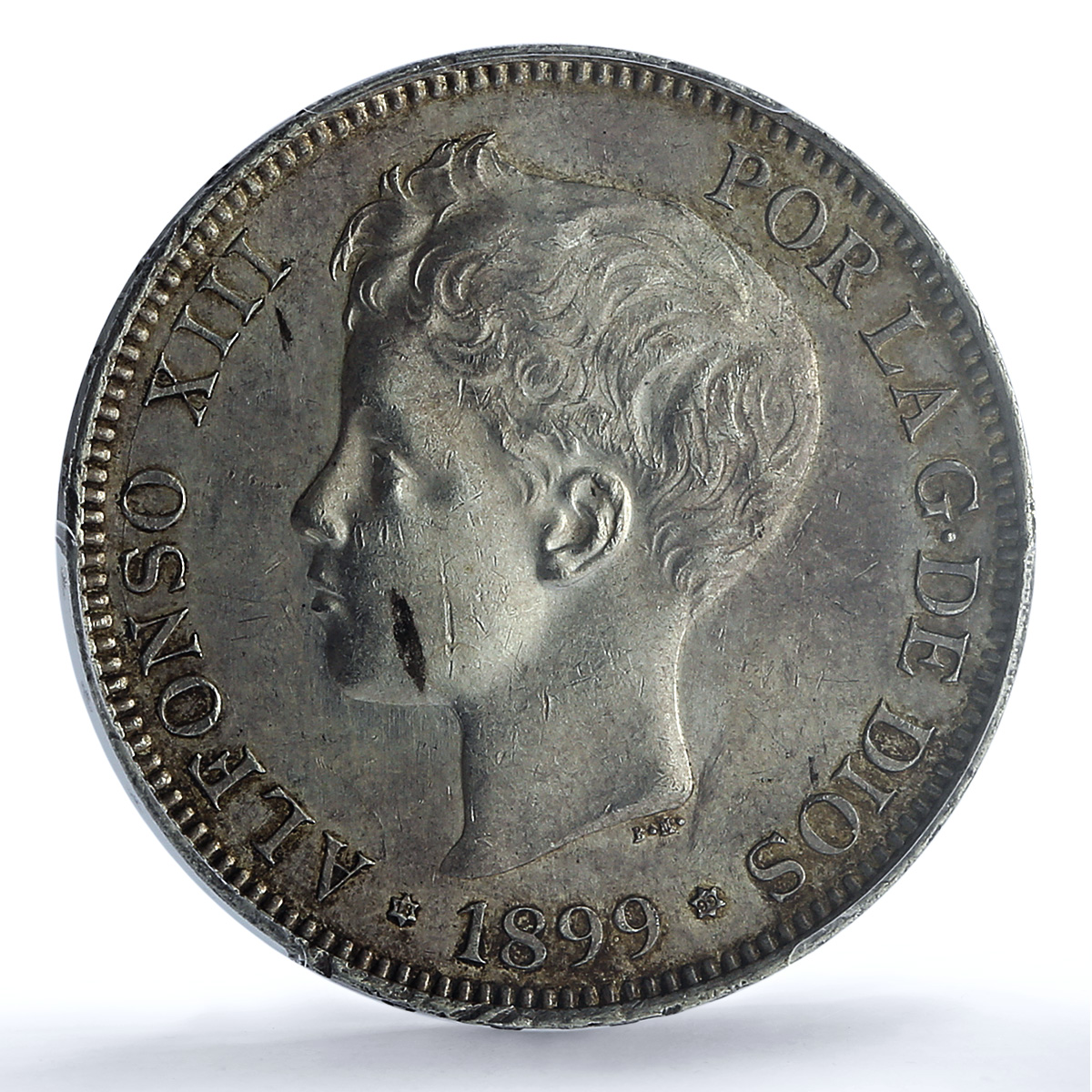 Spain 5 pesetas Alfonso XIII KM-707 Cal-28 AU 58 PCGS silver coin 1899 SG V