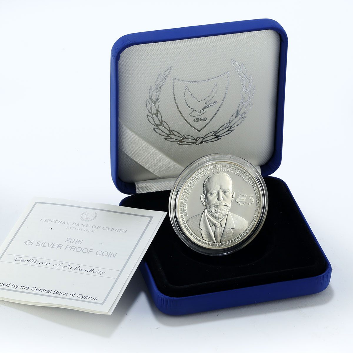 Cyprus 5 euro 150th Anniversary birth Dimitris Michaelides poet silver coin 2016