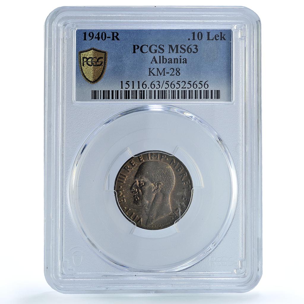 Albania Italian 0.10 lek Victor Emmanuel III KM-28 MS 63 PCGS AlBronze coin 1940