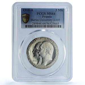 Germany Prussia 3 mark Berlin University KM-530 J-107 MS64 PCGS silver coin 1910
