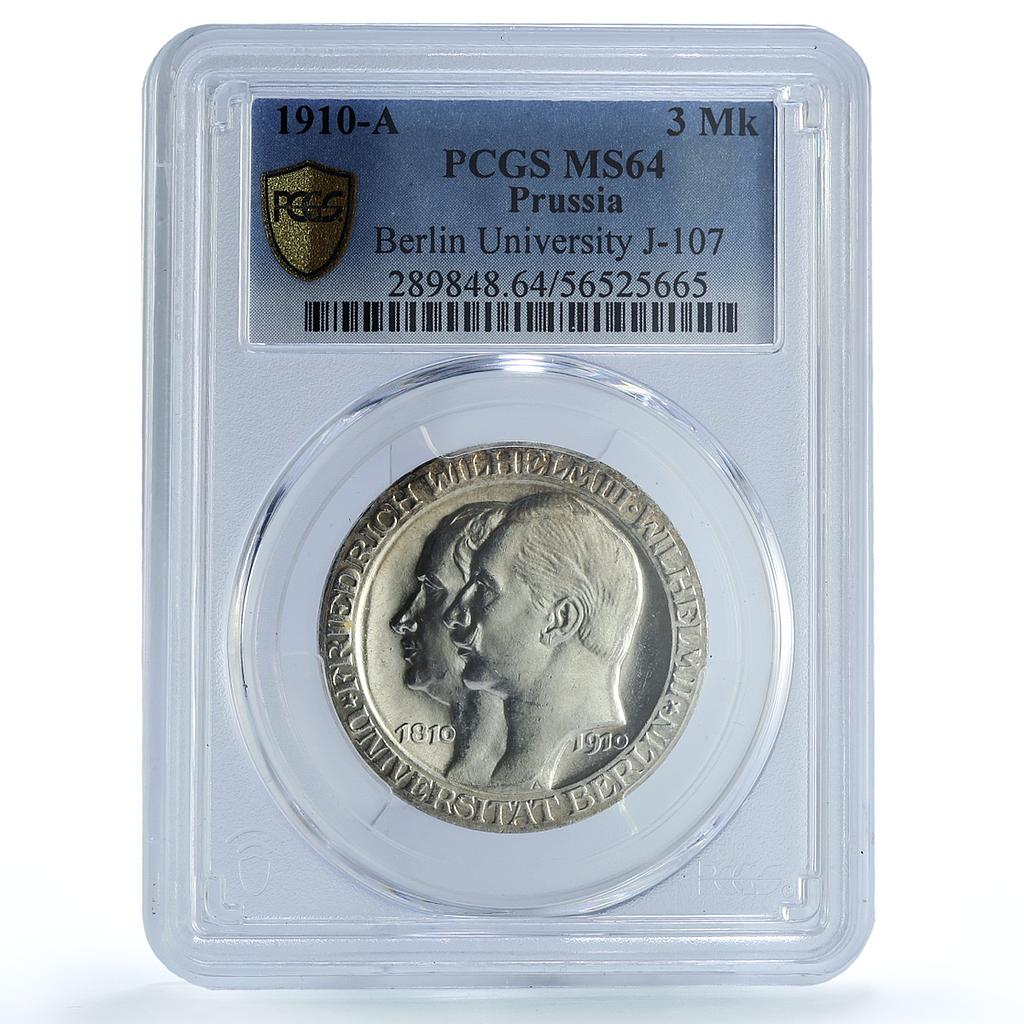 Germany Prussia 3 mark Berlin University KM-530 J-107 MS64 PCGS silver coin 1910