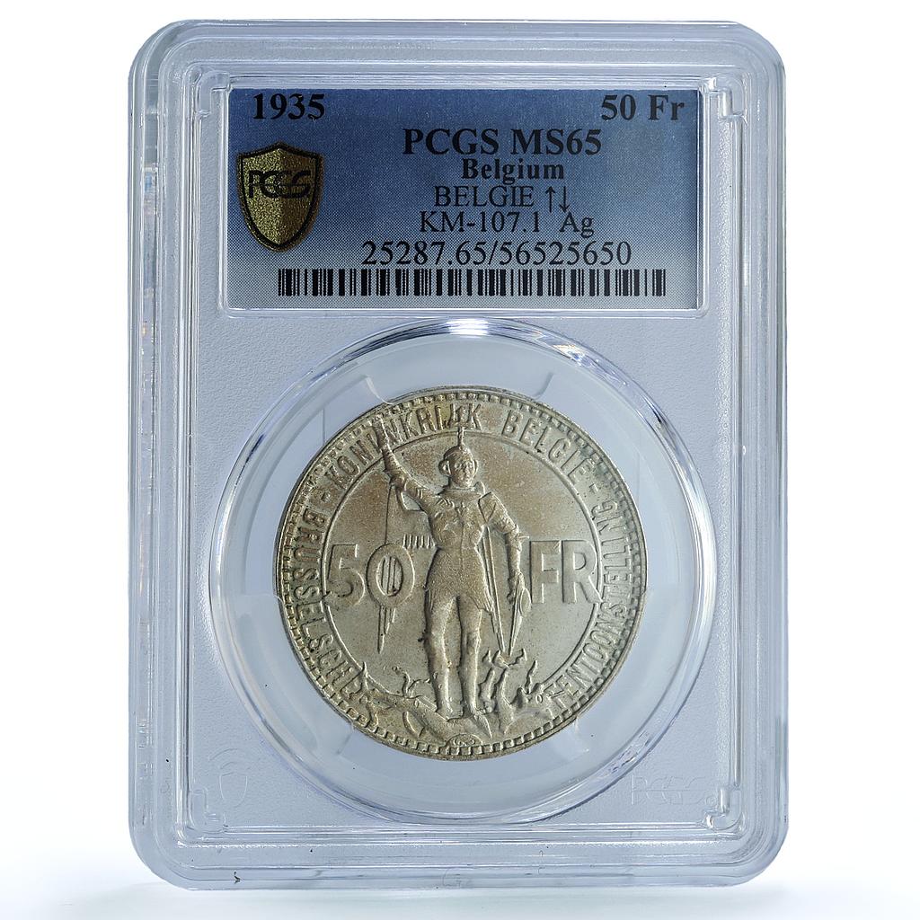 Belgium 50 francs Brussel Fair KM-107.1 Dutch Pos B MS 65 PCGS silver coin 1935