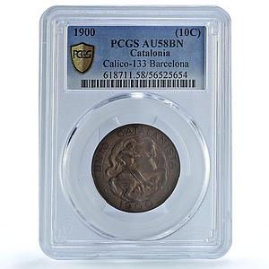 Catalonia Spain 10 centimos Catalanist Union Cal-133 AU 58 PCGS copper coin 1900