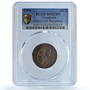 Catalonia Spain 5 centimos Catalanist Union Cal-132 MS 62 PCGS copper coin 1900