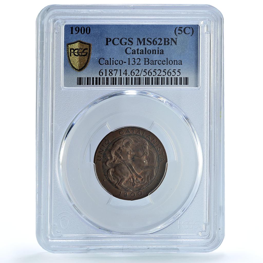 Catalonia Spain 5 centimos Catalanist Union Cal-132 MS 62 PCGS copper coin 1900