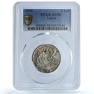 Latvia 2 lati Republic KM-8 Schon-8 Arms AU 58 PCGS silver coin 1925