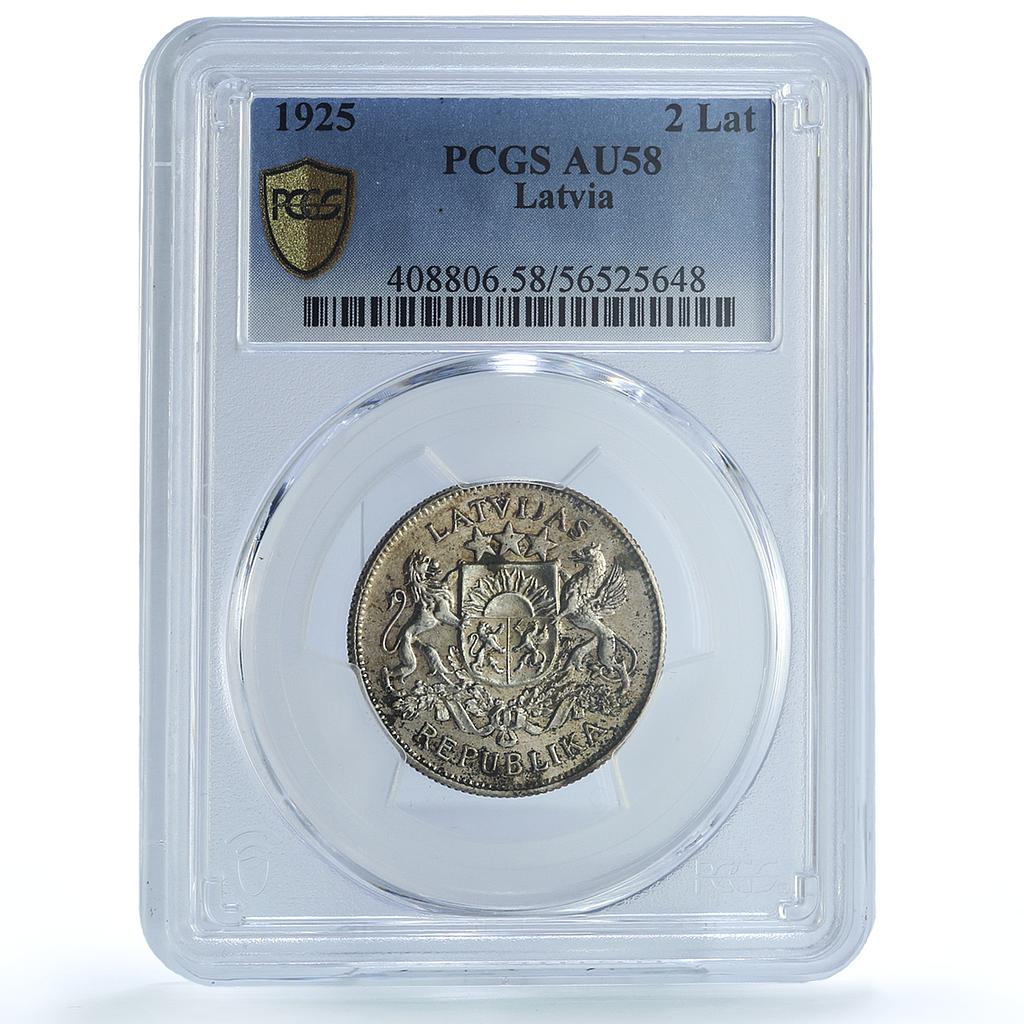 Latvia 2 lati Republic KM-8 Schon-8 Arms AU 58 PCGS silver coin 1925