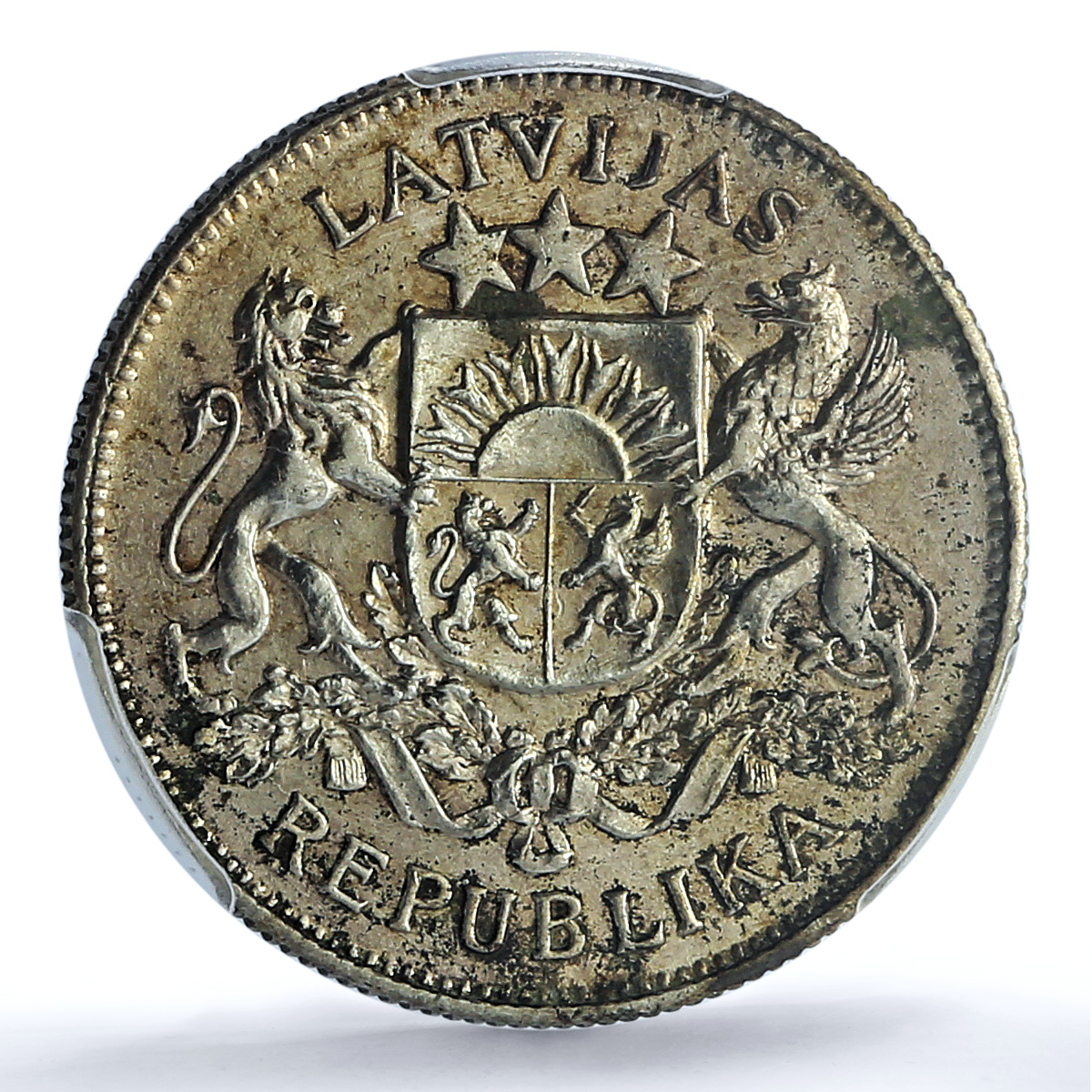 Latvia 2 lati Republic KM-8 Schon-8 Arms AU 58 PCGS silver coin 1925